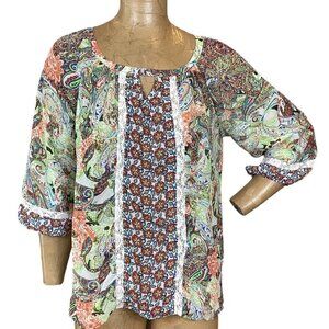 Anthropologie Fig & Flower Peasant‎ Blouse Sheer Lace Accent Sz PL #303E